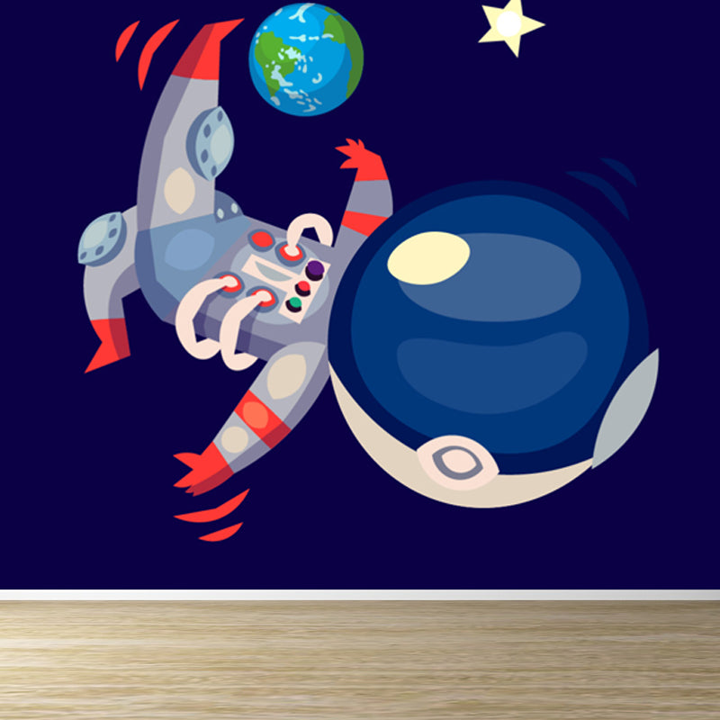 Illustration Style Astronaut Mural Giant Wall Covering for Dining Room, Custom Printed Dark Blue Clearhalo 'Wall Decor' 'Wall Mural' 1863121