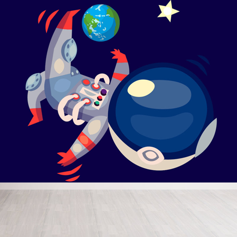 Illustration Style Astronaut Mural Giant Wall Covering for Dining Room, Custom Printed Clearhalo 'Wall Decor' 'Wall Mural' 1863123