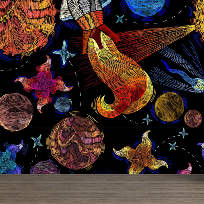 Illustration Style Astronaut Mural Giant Wall Covering for Dining Room, Custom Printed Orange Clearhalo 'Wall Decor' 'Wall Mural' 1863126