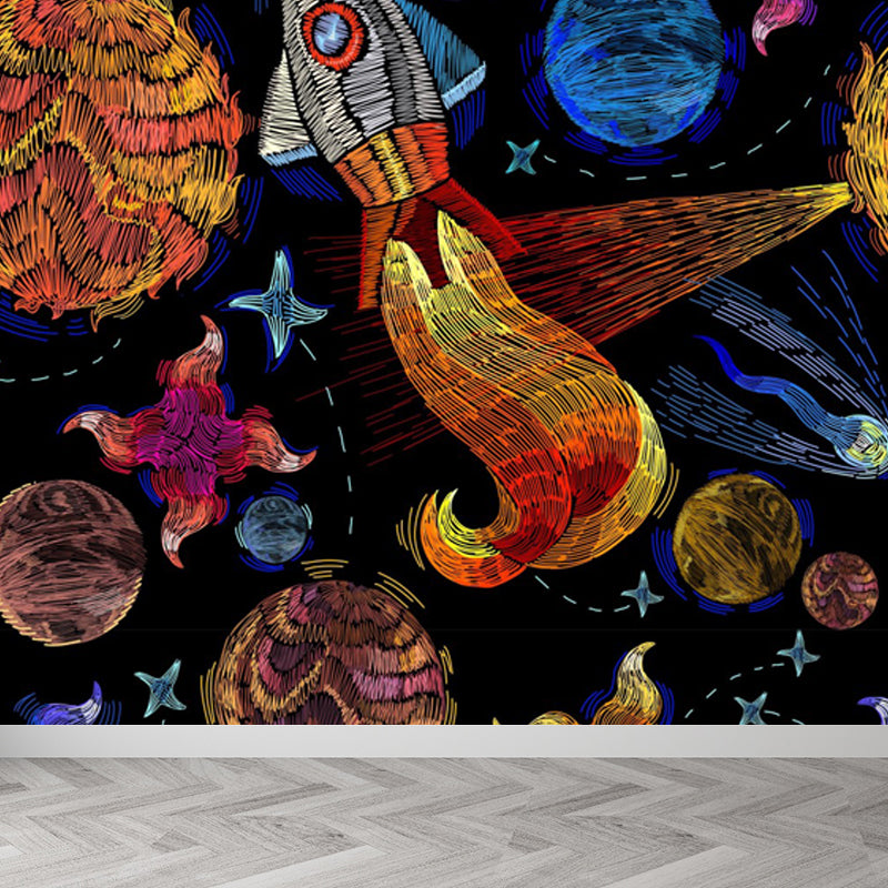 Illustration Style Astronaut Mural Giant Wall Covering for Dining Room, Custom Printed Clearhalo 'Wall Decor' 'Wall Mural' 1863127