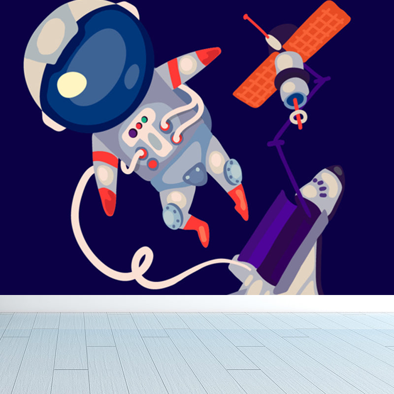 Illustration Style Astronaut Mural Giant Wall Covering for Dining Room, Custom Printed Purple Clearhalo 'Wall Decor' 'Wall Mural' 1863131