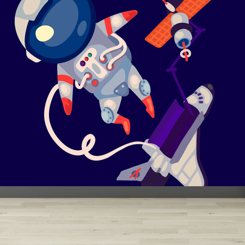 Illustration Style Astronaut Mural Giant Wall Covering for Dining Room, Custom Printed Clearhalo 'Wall Decor' 'Wall Mural' 1863132