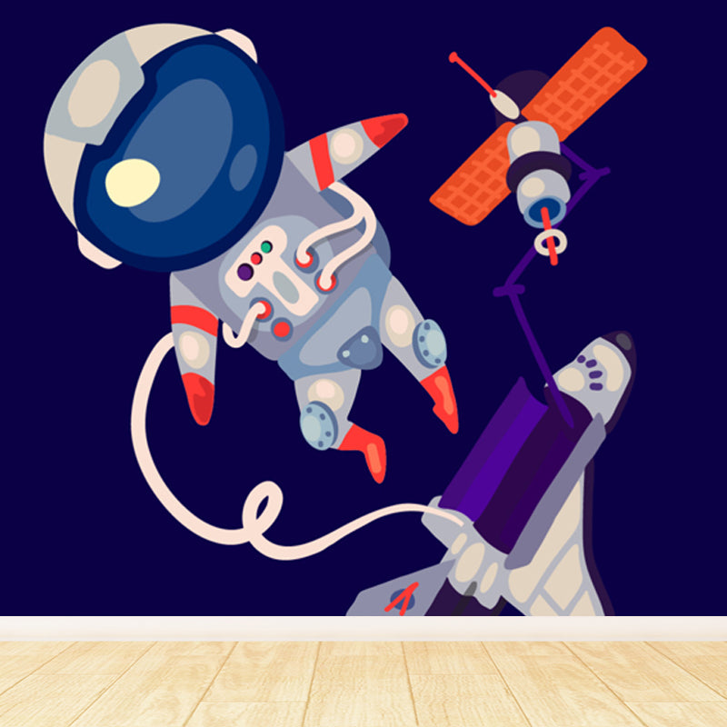 Illustration Style Astronaut Mural Giant Wall Covering for Dining Room, Custom Printed Clearhalo 'Wall Decor' 'Wall Mural' 1863133