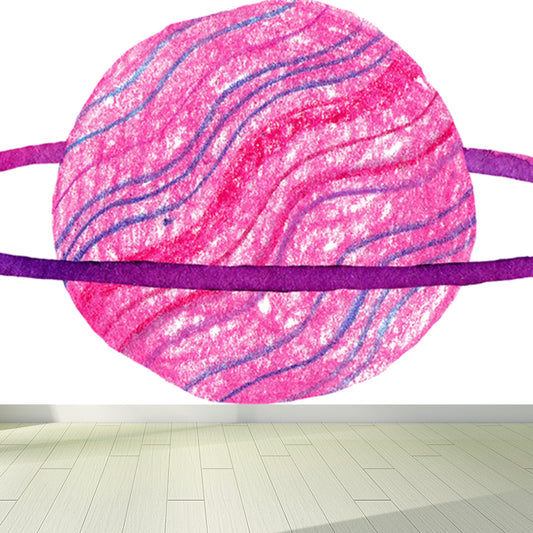 Watercolor Ringed Planet Mural Kids Style Smooth Wall Art in Dark Color for Bedroom Pink