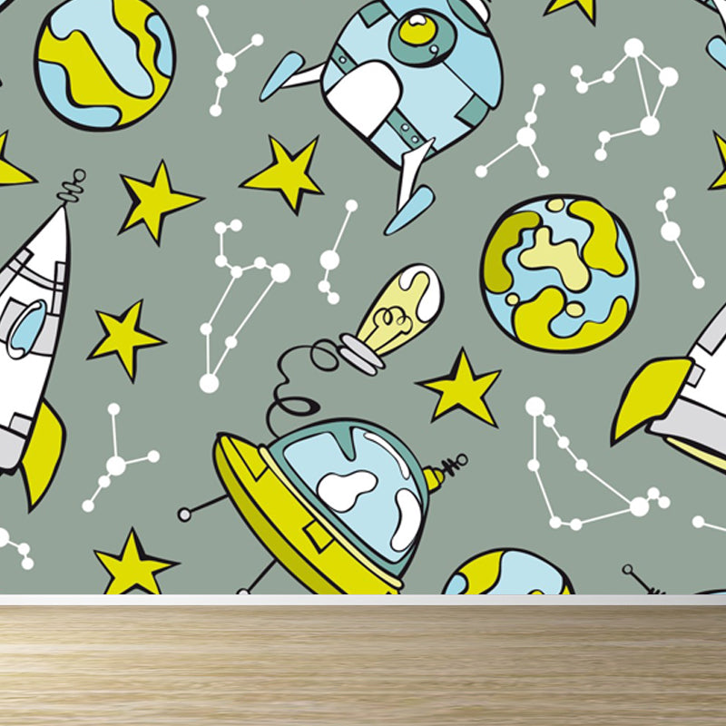Large Astronaut Mural Wallpaper Children's Art Outer Space View Wall Decor in Soft Color Grey Clearhalo 'Wall Decor' 'Wall Mural' 1863351