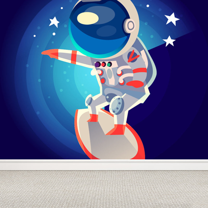Large Astronaut Mural Wallpaper Children's Art Outer Space View Wall Decor in Soft Color Light Blue Clearhalo 'Wall Decor' 'Wall Mural' 1863356