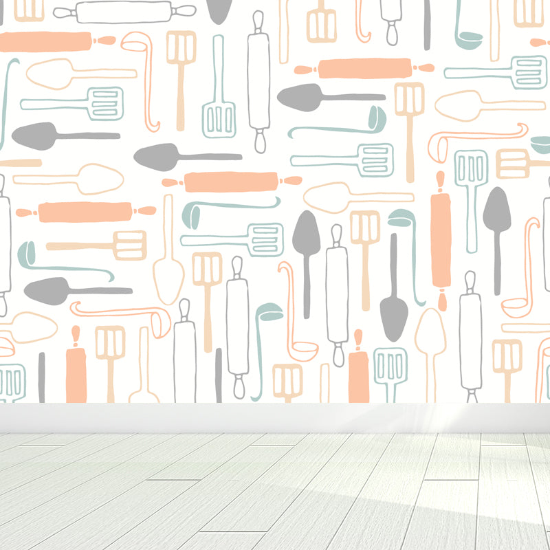 Contemporary Dinnerware Mural Non-Woven Fabric Washable Pastel Wall Decor for Kitchen Light Orange Clearhalo 'Wall Decor' 'Wall Mural' 1863571