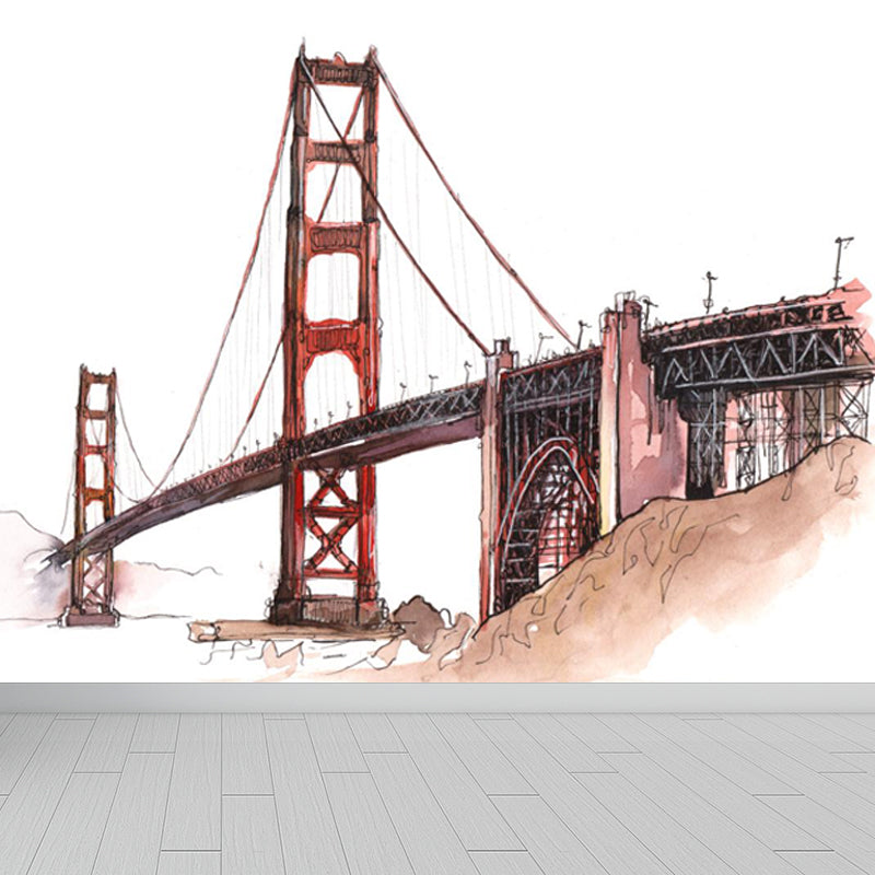 Illustration Grand Building Wall Mural Great Wall Decor for Guest Room, Customised Red Clearhalo 'Wall Decor' 'Wall Mural' 1863661