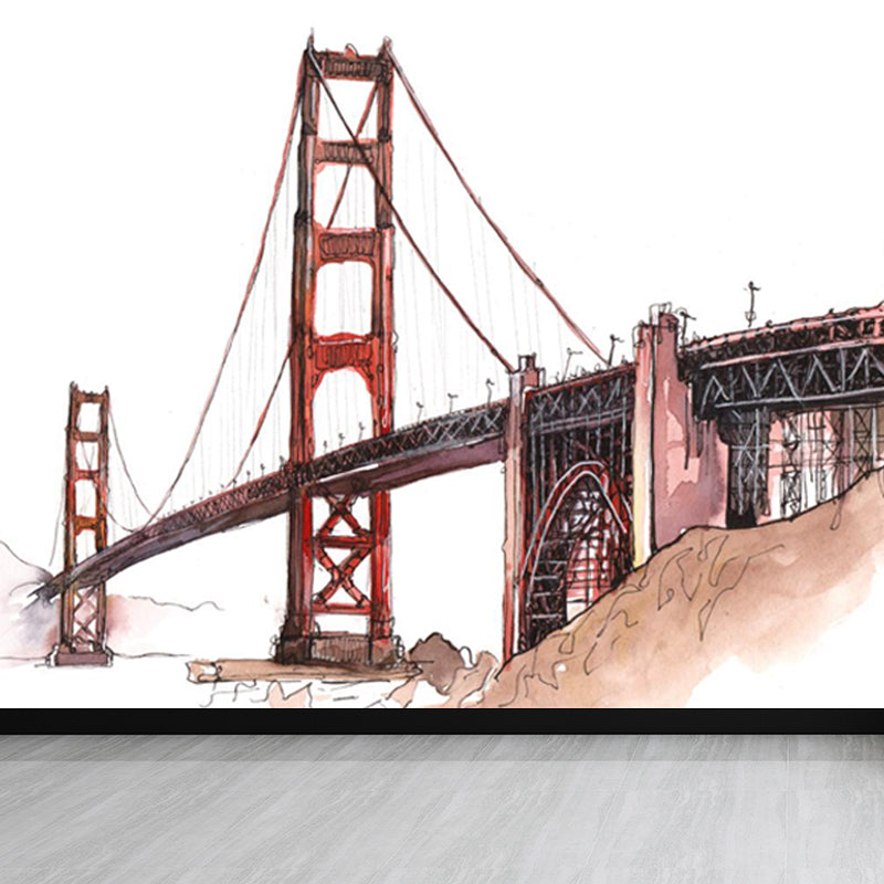 Illustration Grand Building Wall Mural Great Wall Decor for Guest Room, Customised Clearhalo 'Wall Decor' 'Wall Mural' 1863663