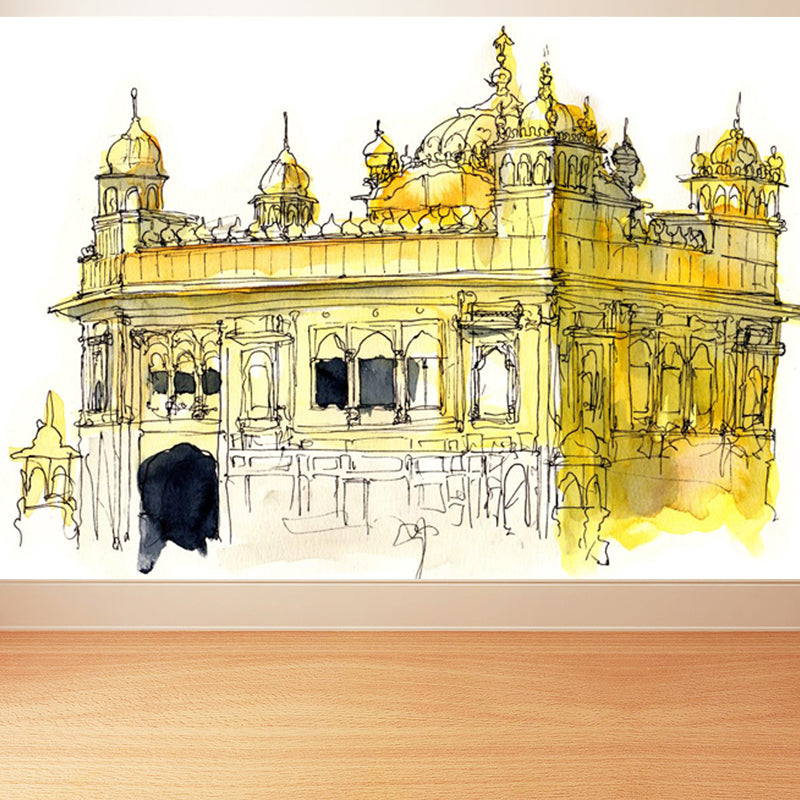 Illustration Grand Building Wall Mural Great Wall Decor for Guest Room, Customised Yellow Clearhalo 'Wall Decor' 'Wall Mural' 1863666