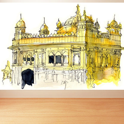 Illustration Grand Building Wall Mural Great Wall Decor for Guest Room, Customised Yellow Clearhalo 'Wall Decor' 'Wall Mural' 1863666