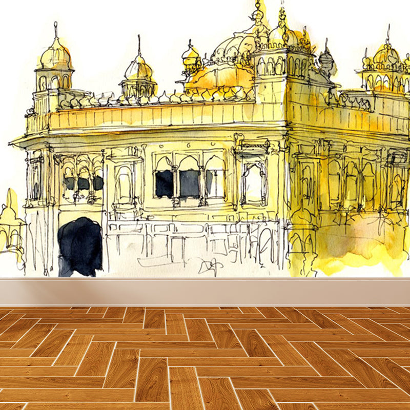 Illustration Grand Building Wall Mural Great Wall Decor for Guest Room, Customised Clearhalo 'Wall Decor' 'Wall Mural' 1863667