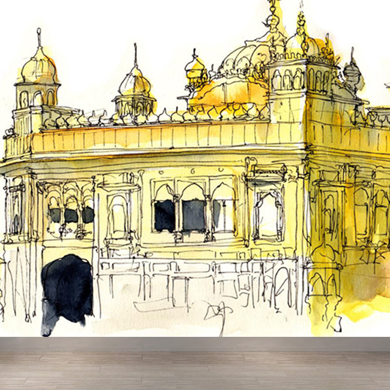 Illustration Grand Building Wall Mural Great Wall Decor for Guest Room, Customised Clearhalo 'Wall Decor' 'Wall Mural' 1863668