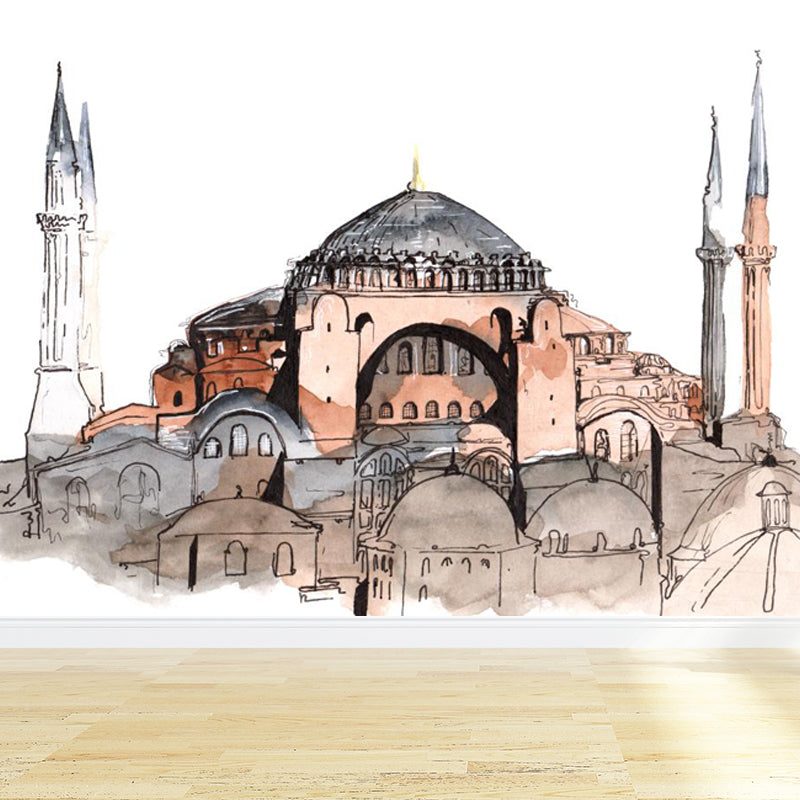 Illustration Grand Building Wall Mural Great Wall Decor for Guest Room, Customised Grey Clearhalo 'Wall Decor' 'Wall Mural' 1863671