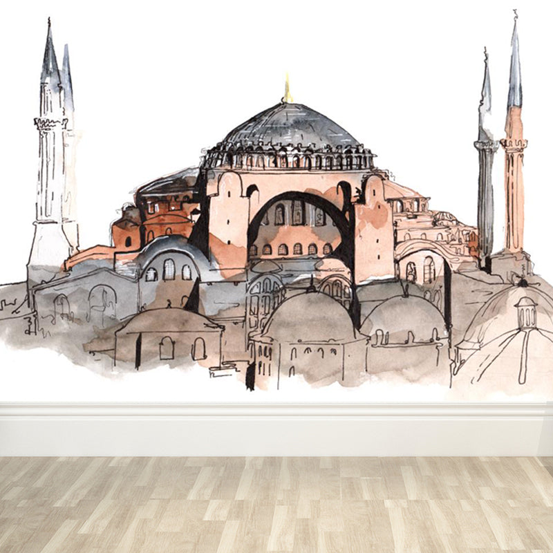 Illustration Grand Building Wall Mural Great Wall Decor for Guest Room, Customised Clearhalo 'Wall Decor' 'Wall Mural' 1863672