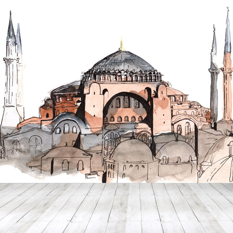 Illustration Grand Building Wall Mural Great Wall Decor for Guest Room, Customised Clearhalo 'Wall Decor' 'Wall Mural' 1863673