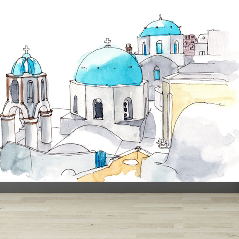 Illustration Grand Building Wall Mural Great Wall Decor for Guest Room, Customised Light Gray Clearhalo 'Wall Decor' 'Wall Mural' 1863676