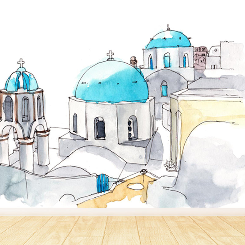 Illustration Grand Building Wall Mural Great Wall Decor for Guest Room, Customised Clearhalo 'Wall Decor' 'Wall Mural' 1863677