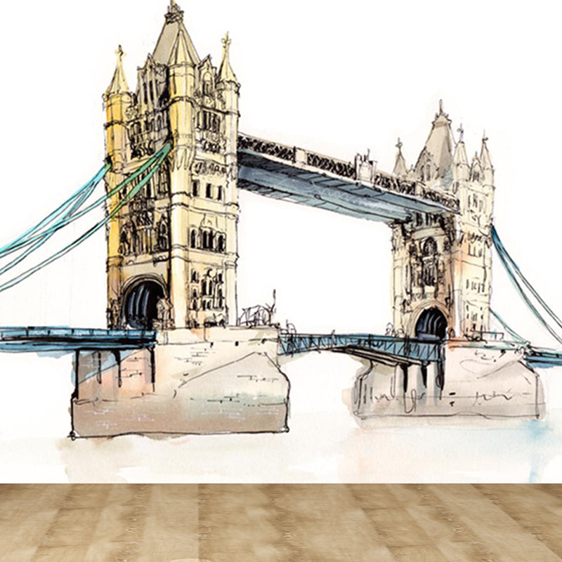 Illustration Grand Building Wall Mural Great Wall Decor for Guest Room, Customised Brown Clearhalo 'Wall Decor' 'Wall Mural' 1863681