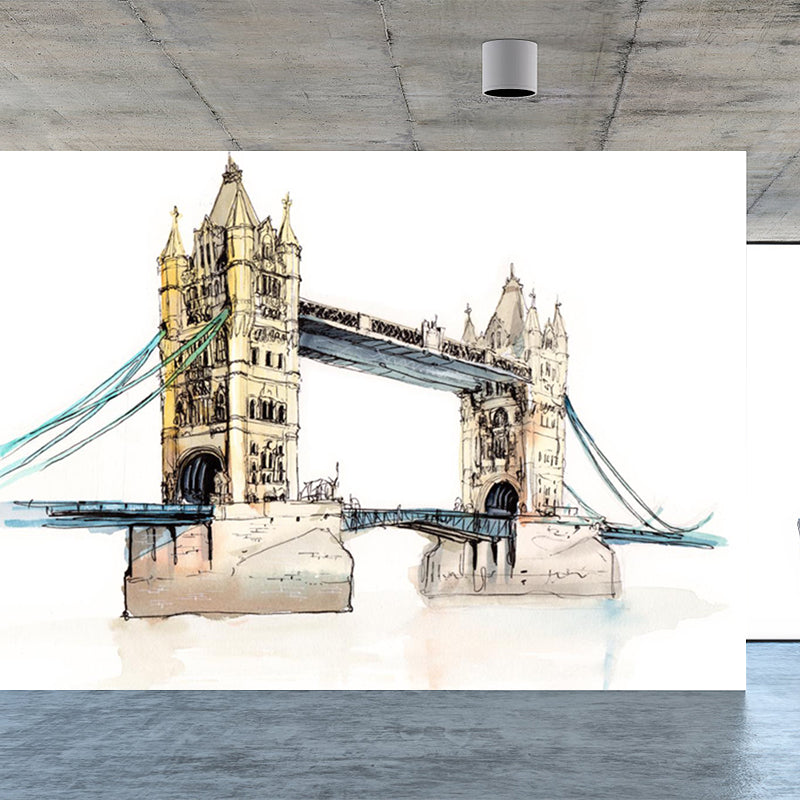 Illustration Grand Building Wall Mural Great Wall Decor for Guest Room, Customised Clearhalo 'Wall Decor' 'Wall Mural' 1863682