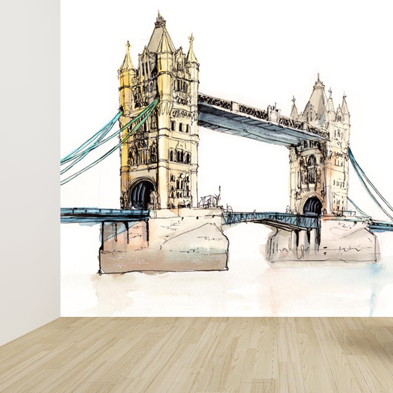 Illustration Grand Building Wall Mural Great Wall Decor for Guest Room, Customised Clearhalo 'Wall Decor' 'Wall Mural' 1863683