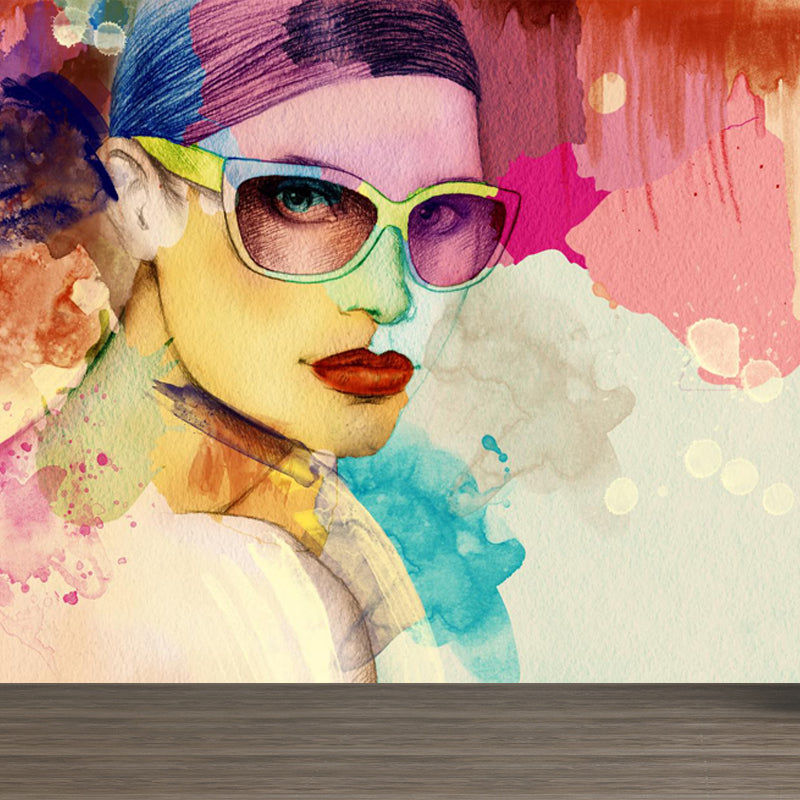 Soft Color Fashion Style Mural Wallpaper Huge Girl Portrait Wall Decor for Living Room Clearhalo 'Wall Decor' 'Wall Mural' 1863687