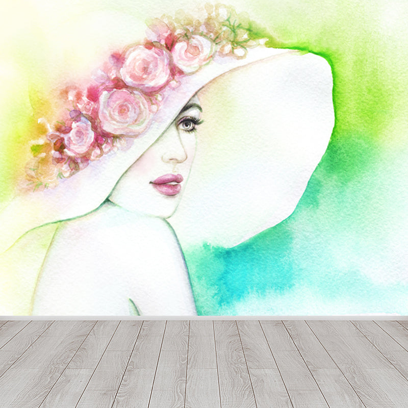 Soft Color Fashion Style Mural Wallpaper Huge Girl Portrait Wall Decor for Living Room Clearhalo 'Wall Decor' 'Wall Mural' 1863707