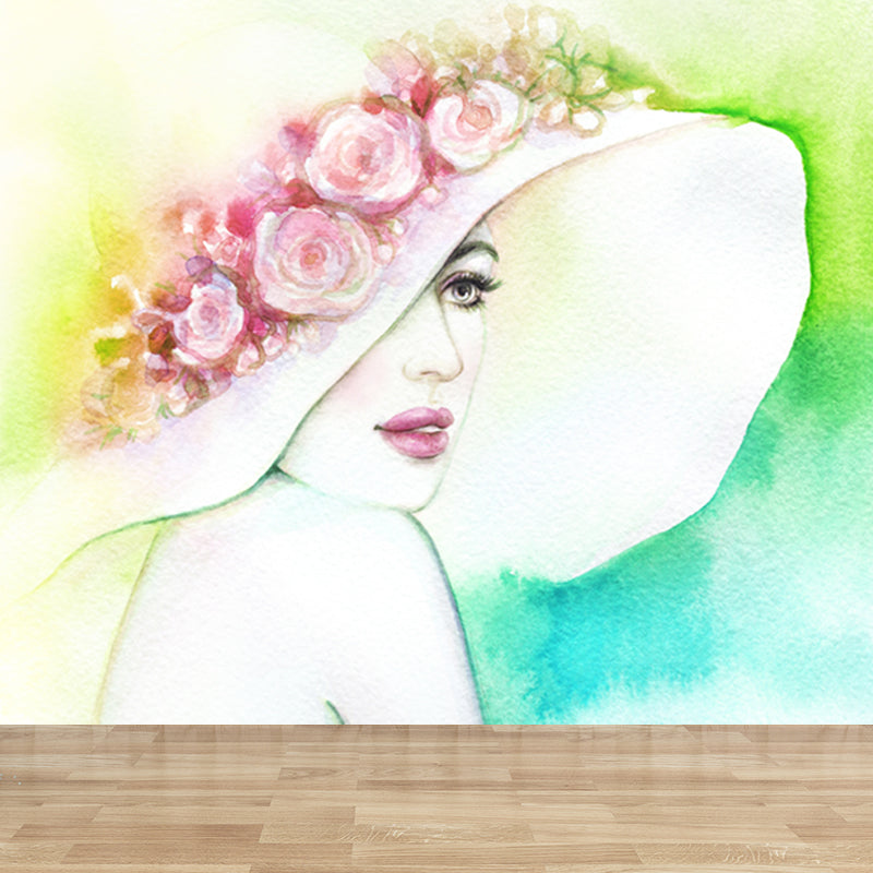 Soft Color Fashion Style Mural Wallpaper Huge Girl Portrait Wall Decor for Living Room Clearhalo 'Wall Decor' 'Wall Mural' 1863708