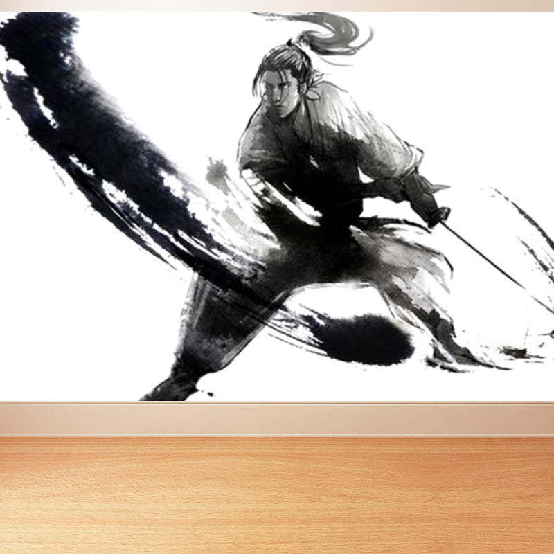 Non-Woven Ornamental Wall Mural Modern Swordsman Pattern Wall Covering for Rest Room Black Design 2 Clearhalo 'Wall Decor' 'Wall Mural' 1863741