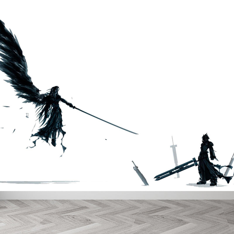 Non-Woven Ornamental Wall Mural Modern Swordsman Pattern Wall Covering for Rest Room Black Design 5 Clearhalo 'Wall Decor' 'Wall Mural' 1863756