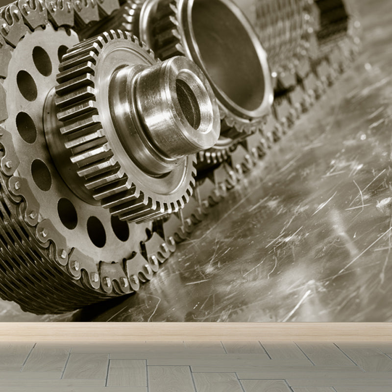 Contemporary Metal Gear Wall Mural Non-Woven Textured Stain-Proofing Dark Color Wall Art for Room Grey Clearhalo 'Wall Decor' 'Wall Mural' 1863781