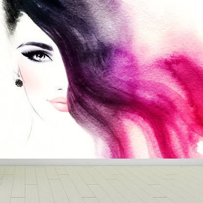 Illustration Women Face Wall Mural Giant Wall Covering for Girls Bedroom, Custom Rose Red Clearhalo 'Wall Decor' 'Wall Mural' 1863911