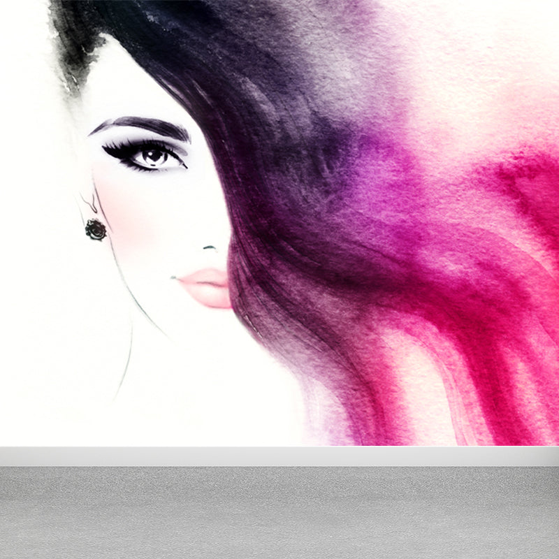 Illustration Women Face Wall Mural Giant Wall Covering for Girls Bedroom, Custom Clearhalo 'Wall Decor' 'Wall Mural' 1863912