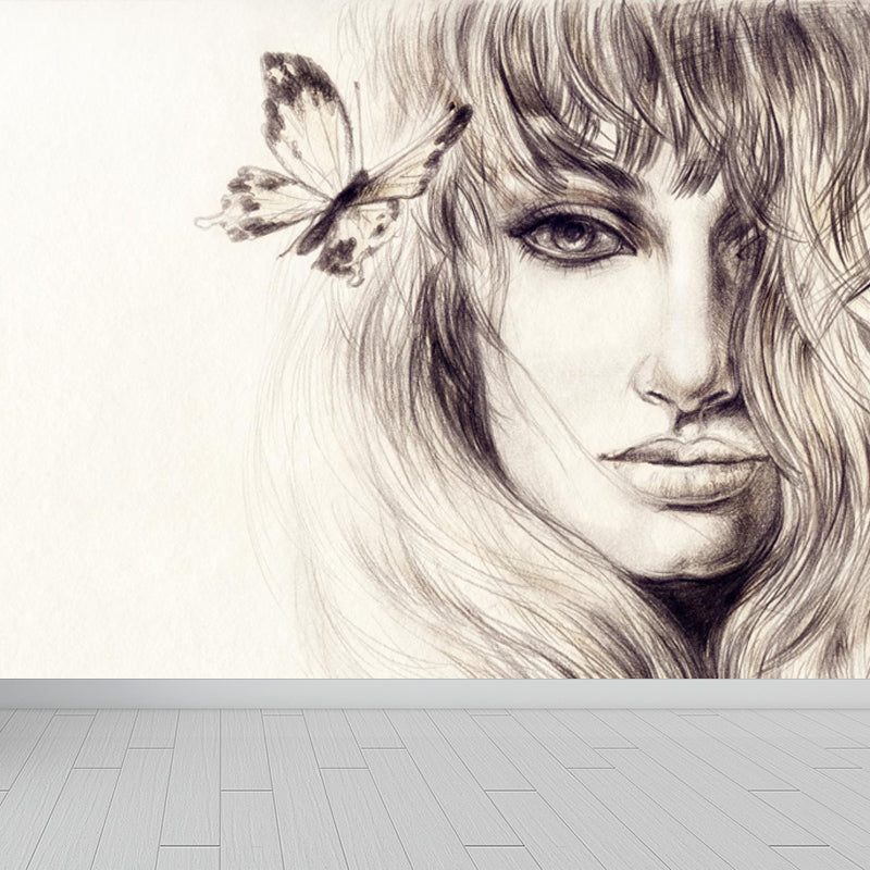 Illustration Women Face Wall Mural Giant Wall Covering for Girls Bedroom, Custom Grey Clearhalo 'Wall Decor' 'Wall Mural' 1863916