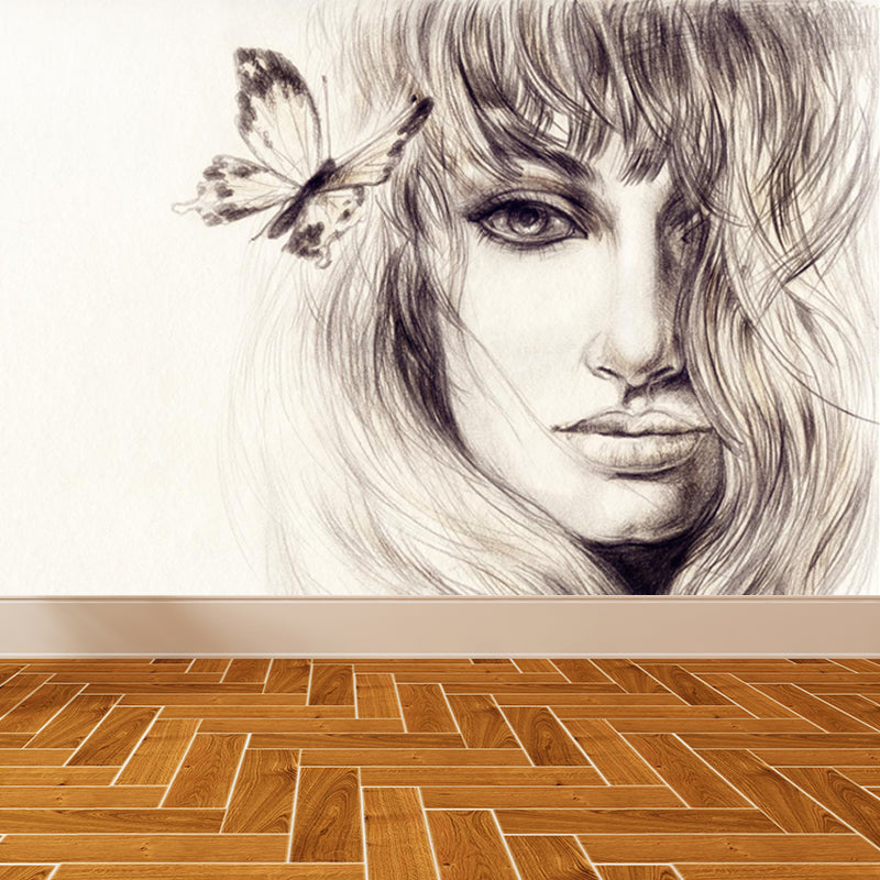 Illustration Women Face Wall Mural Giant Wall Covering for Girls Bedroom, Custom Clearhalo 'Wall Decor' 'Wall Mural' 1863918