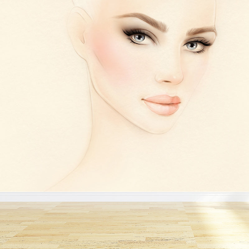 Illustration Women Face Wall Mural Giant Wall Covering for Girls Bedroom, Custom Beige Clearhalo 'Wall Decor' 'Wall Mural' 1863926