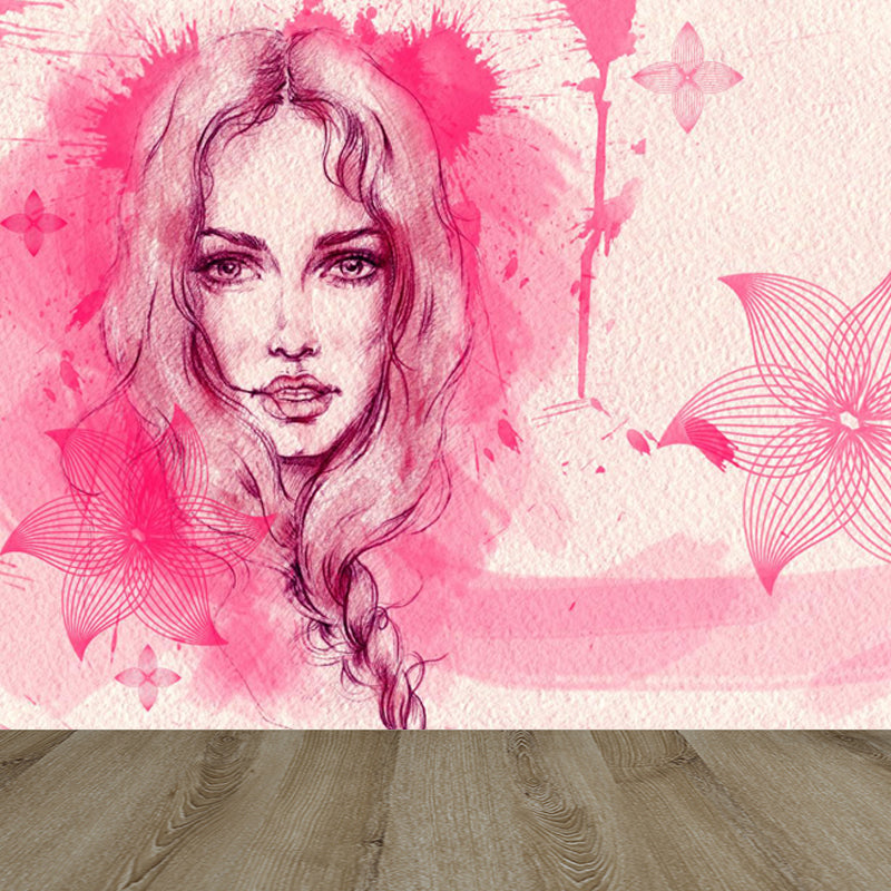 Illustration Women Face Wall Mural Giant Wall Covering for Girls Bedroom, Custom Clearhalo 'Wall Decor' 'Wall Mural' 1863932