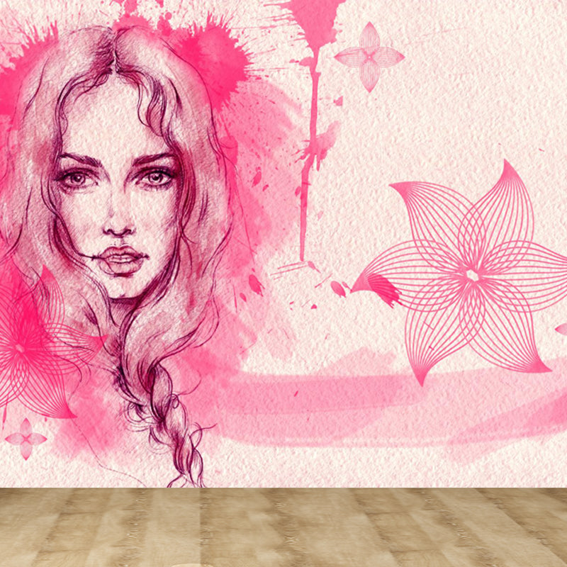 Illustration Women Face Wall Mural Giant Wall Covering for Girls Bedroom, Custom Clearhalo 'Wall Decor' 'Wall Mural' 1863933