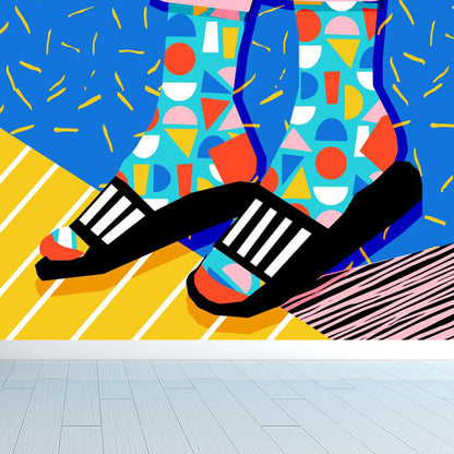 Modern Fashionable Shoes Pattern Mural Pastel Color Kids Room Wall Decor, Personalized Blue Clearhalo 'Wall Decor' 'Wall Mural' 1863946