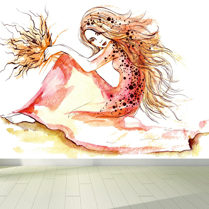 Huge Fashion Girl Mural Decal Bedroom Figure Wall Art in Pastel Color, Stain Resistant Clearhalo 'Wall Decor' 'Wall Mural' 1864113