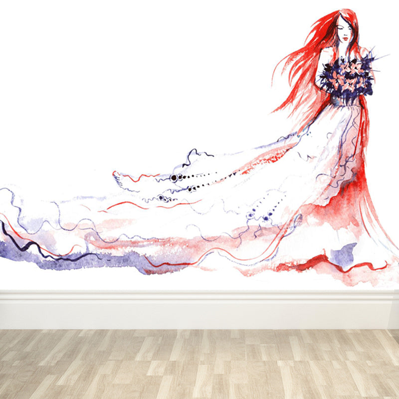 Huge Fashion Girl Mural Decal Bedroom Figure Wall Art in Pastel Color, Stain Resistant Red Clearhalo 'Wall Decor' 'Wall Mural' 1864116