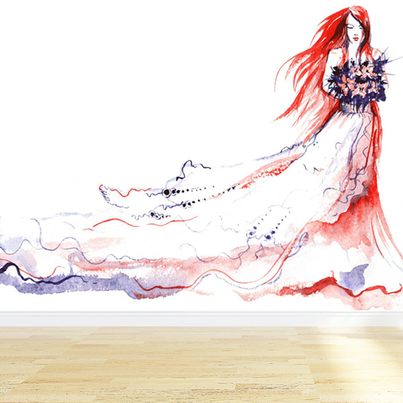 Huge Fashion Girl Mural Decal Bedroom Figure Wall Art in Pastel Color, Stain Resistant Clearhalo 'Wall Decor' 'Wall Mural' 1864117