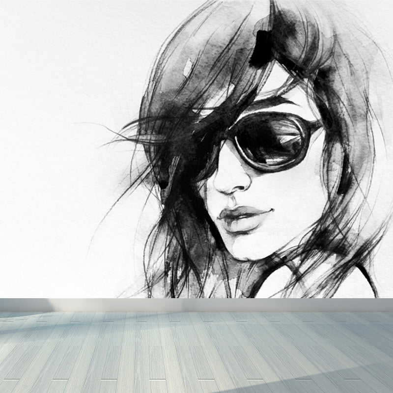 Huge Fashion Girl Mural Decal Bedroom Figure Wall Art in Pastel Color, Stain Resistant Black Clearhalo 'Wall Decor' 'Wall Mural' 1864121