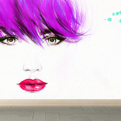 Huge Fashion Girl Mural Decal Bedroom Figure Wall Art in Pastel Color, Stain Resistant Purple Clearhalo 'Wall Decor' 'Wall Mural' 1864126