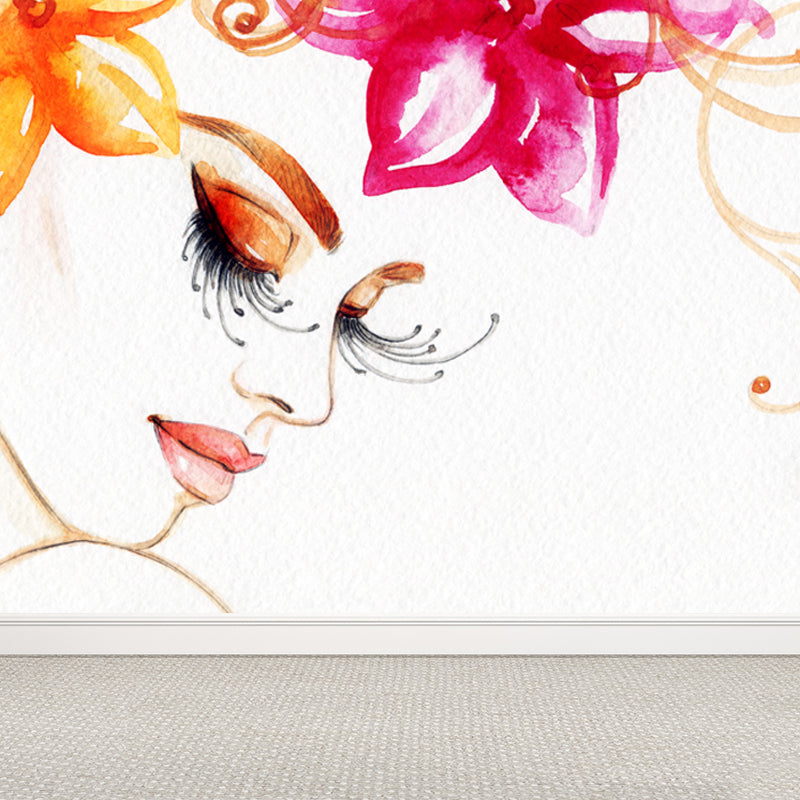 Huge Fashion Girl Mural Decal Bedroom Figure Wall Art in Pastel Color, Stain Resistant Rose Red Clearhalo 'Wall Decor' 'Wall Mural' 1864131