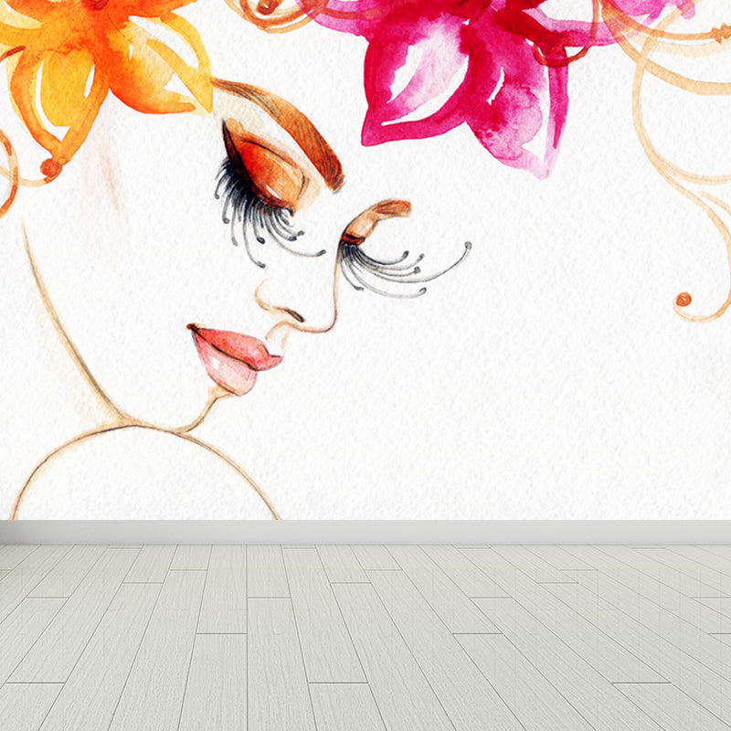 Huge Fashion Girl Mural Decal Bedroom Figure Wall Art in Pastel Color, Stain Resistant Clearhalo 'Wall Decor' 'Wall Mural' 1864132