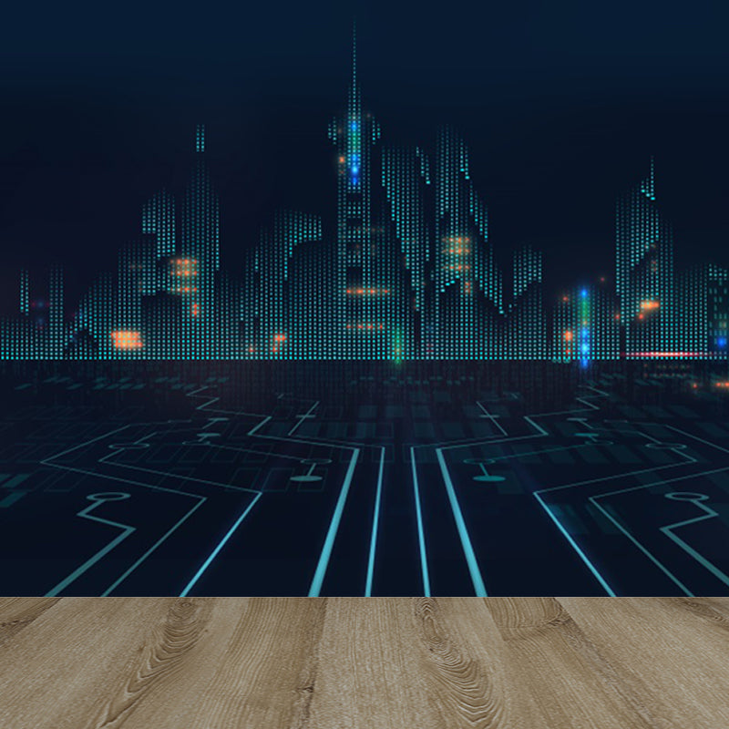 Contemporary City Building Mural Soft Color Stain-Proofing Wall Art for Dining Room Blue Clearhalo 'Wall Decor' 'Wall Mural' 1864211