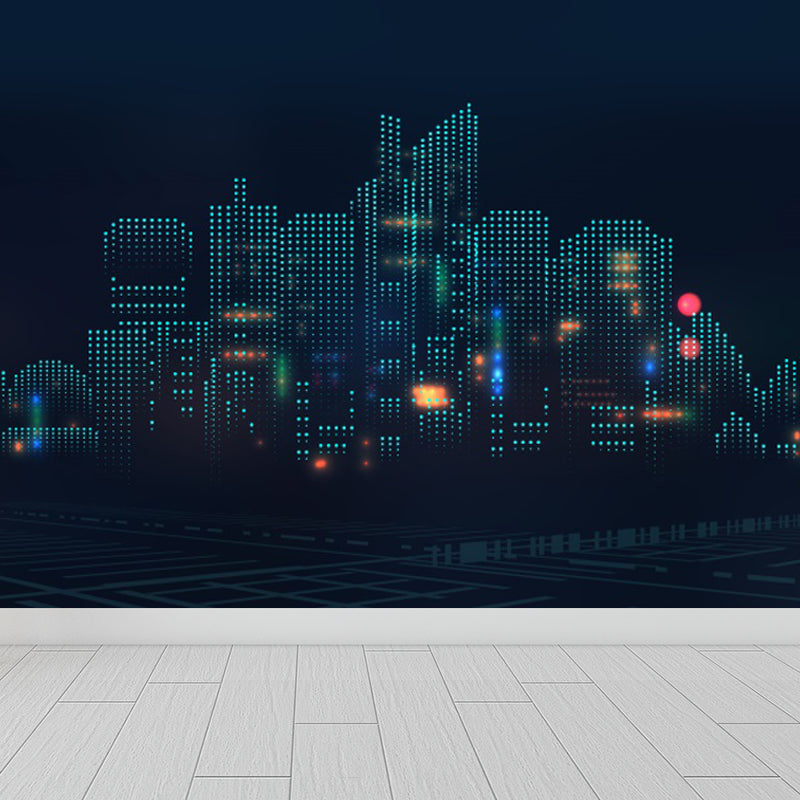 Contemporary City Building Mural Soft Color Stain-Proofing Wall Art for Dining Room Dark Blue Clearhalo 'Wall Decor' 'Wall Mural' 1864216