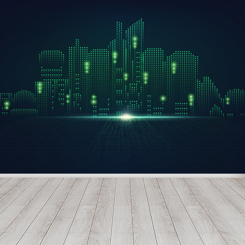 Contemporary City Building Mural Soft Color Stain-Proofing Wall Art for Dining Room Green Clearhalo 'Wall Decor' 'Wall Mural' 1864226