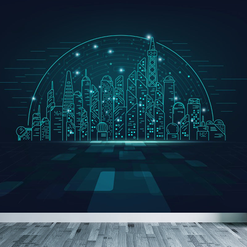 Contemporary City Building Mural Soft Color Stain-Proofing Wall Art for Dining Room Light Blue Clearhalo 'Wall Decor' 'Wall Mural' 1864231